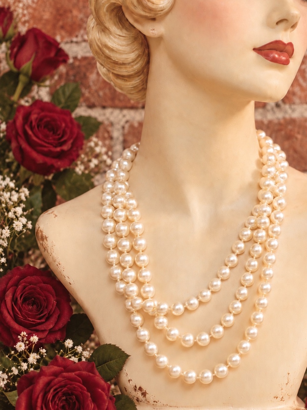 Vintage MCM Triple Strand Ivory Glass Pearl Triple Strand Choker Necklace